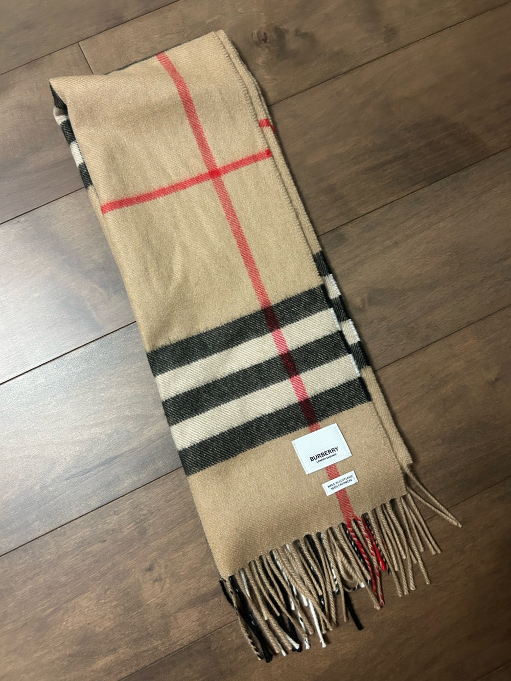 Burberry Tan Check Wool Scarf with Black & Red Accents